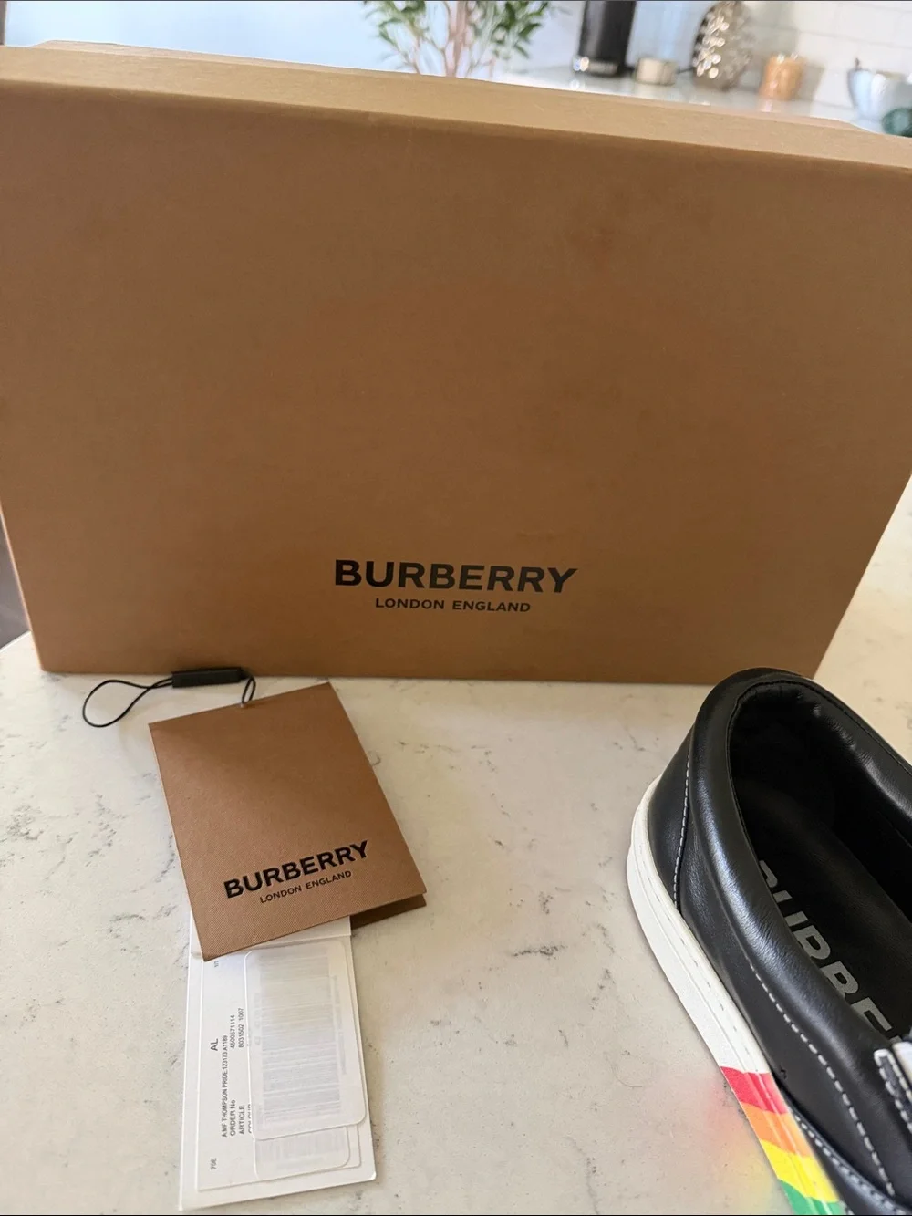 Burberry Black Leather Slip-On Sneakers with Rainbow Stripe